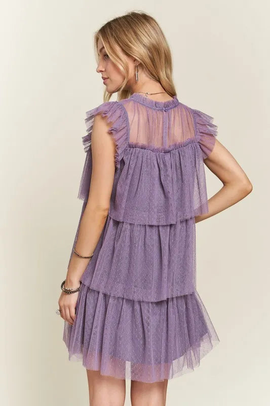 ADORA Mauve Ruffled Cap-Sleeve Mesh Dress