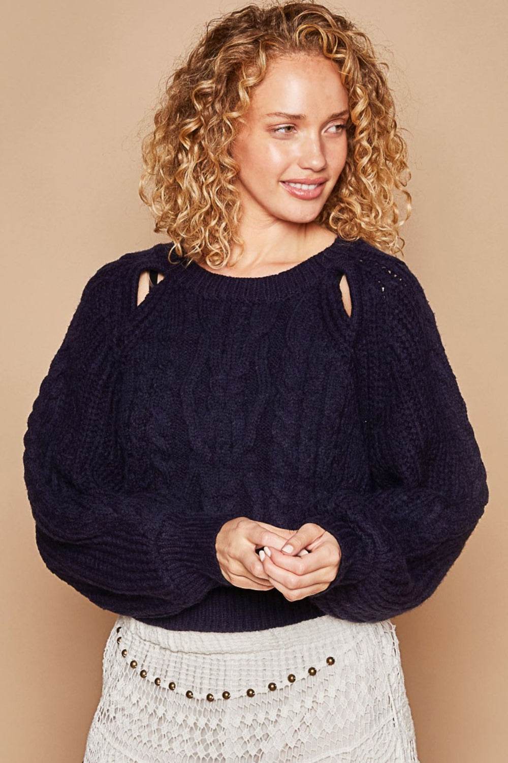 POL Cable Knit Cutout Long Sleeve Sweater - DaTrendStore.Com