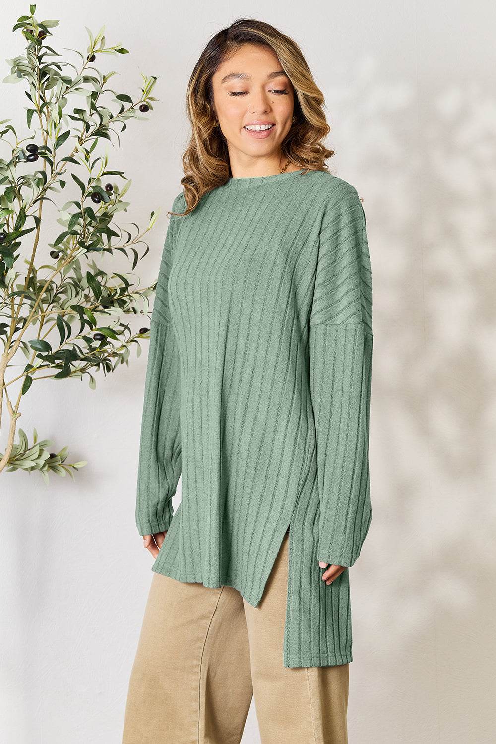 Basic Bae Full Size Ribbed Round Neck Long Sleeve Slit Top - DaTrendStore.Com