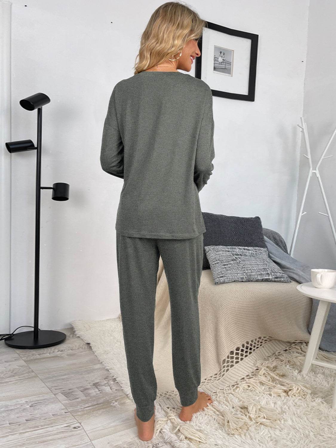 Shiny Round Neck Top and Drawstring Pants Lounge Set - DaTrendStore.Com