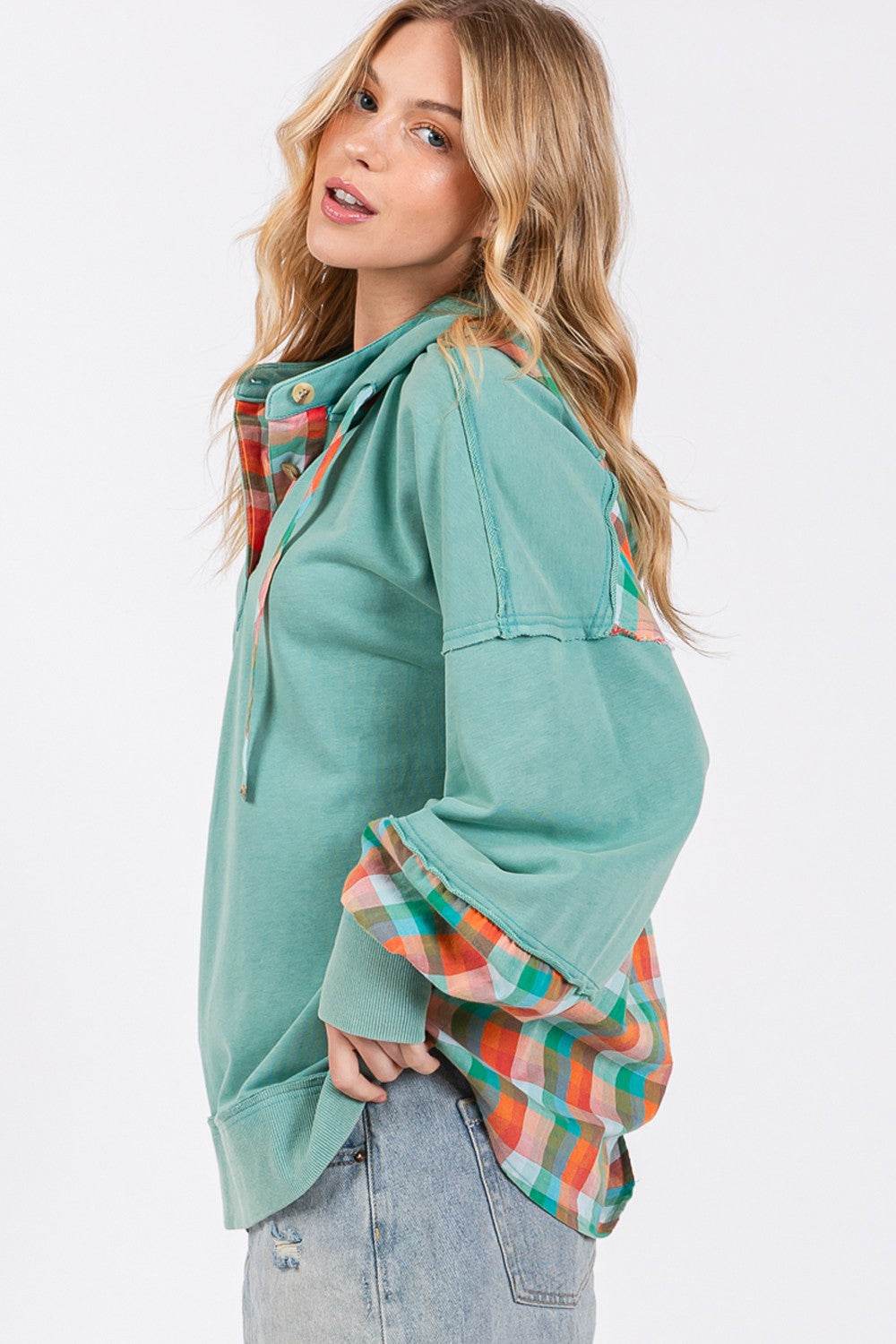 SAGE + FIG Full Size Plaid Print Washed Hoodie - DaTrendStore.Com