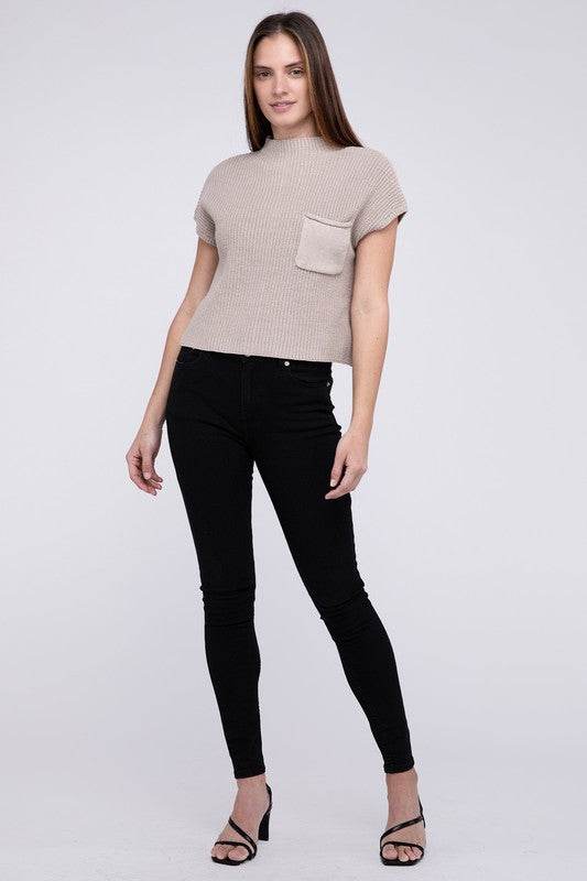 Mock Neck Short Sleeve Cropped Sweater - DaTrendStore.Com
