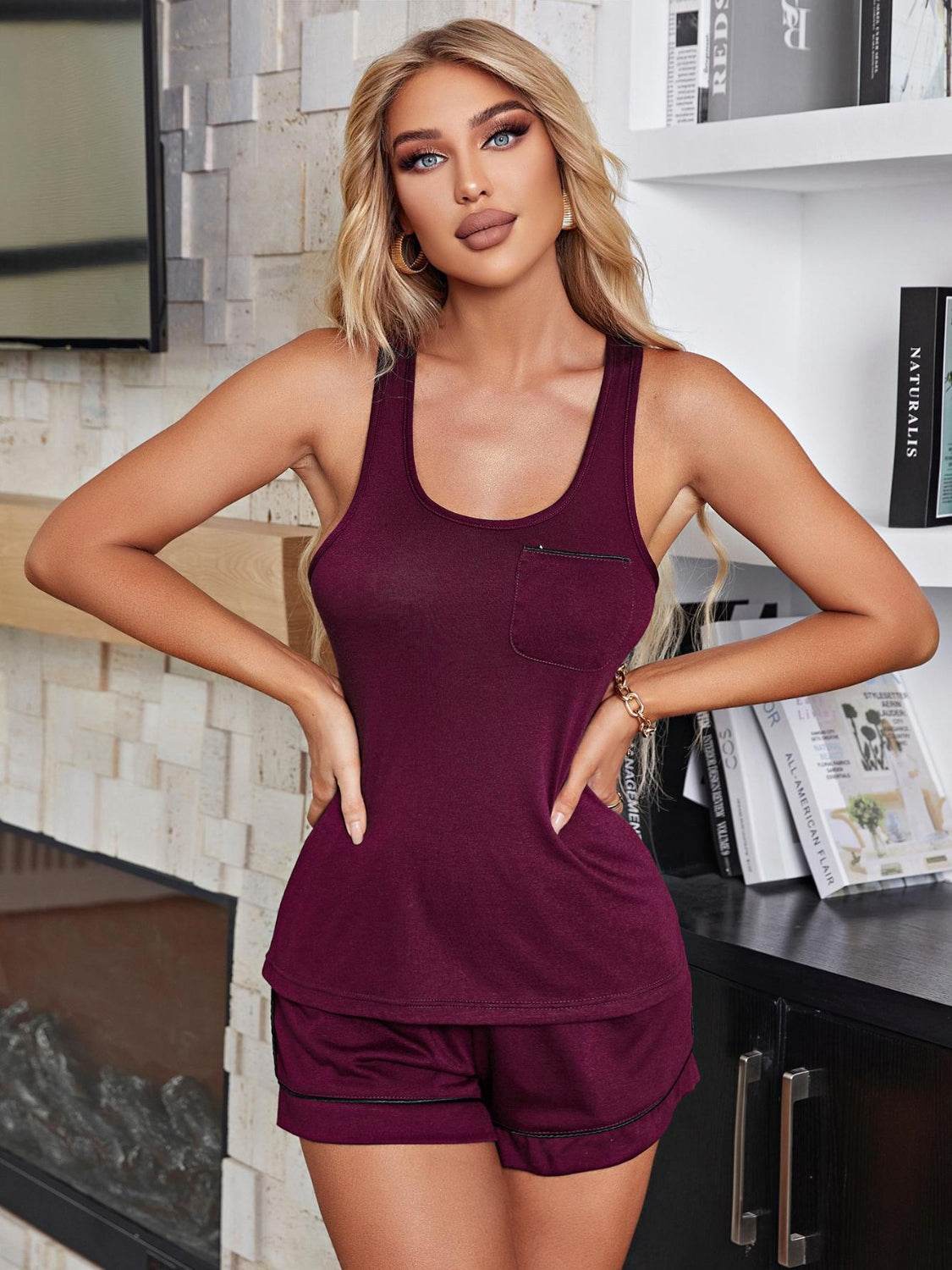 Scoop Neck Wide Strap Tank and Shorts Lounge Set - DaTrendStore.Com