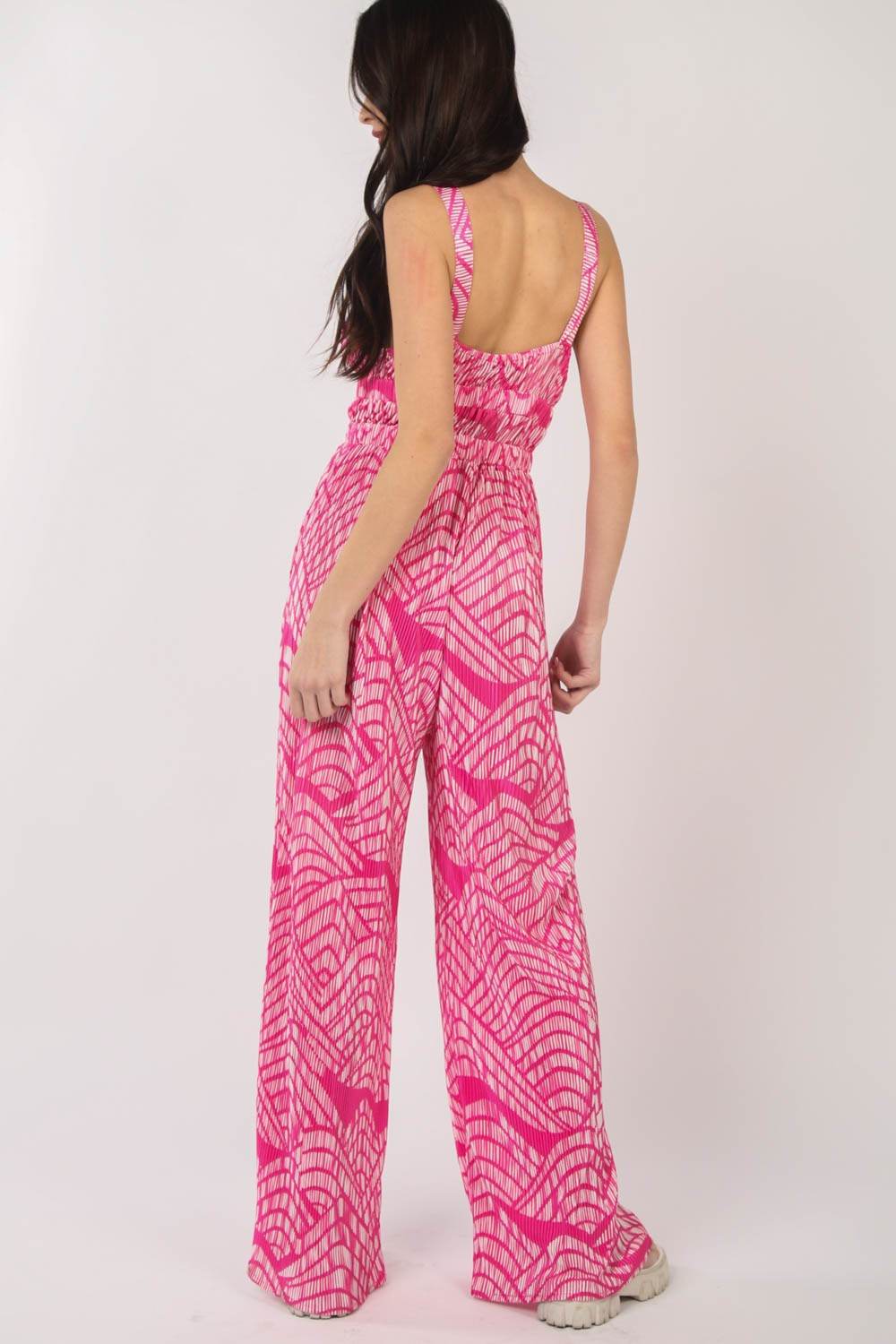 VERY J Printed Pleated Sleeveless Wide Leg Jumpsuit - DaTrendStore.Com