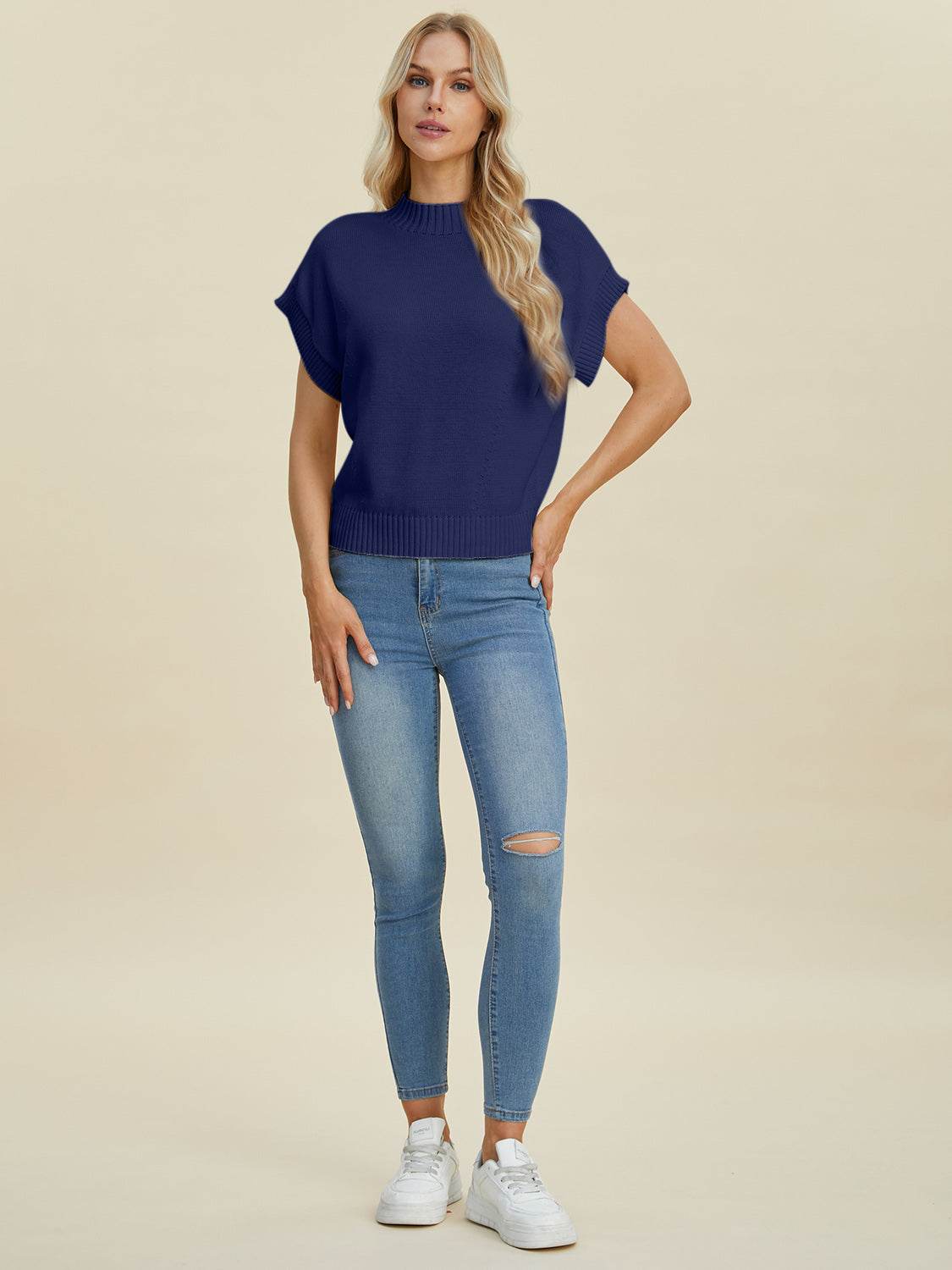 Double Take Full Size Mock Neck Short Sleeve Sweater - DaTrendStore.Com