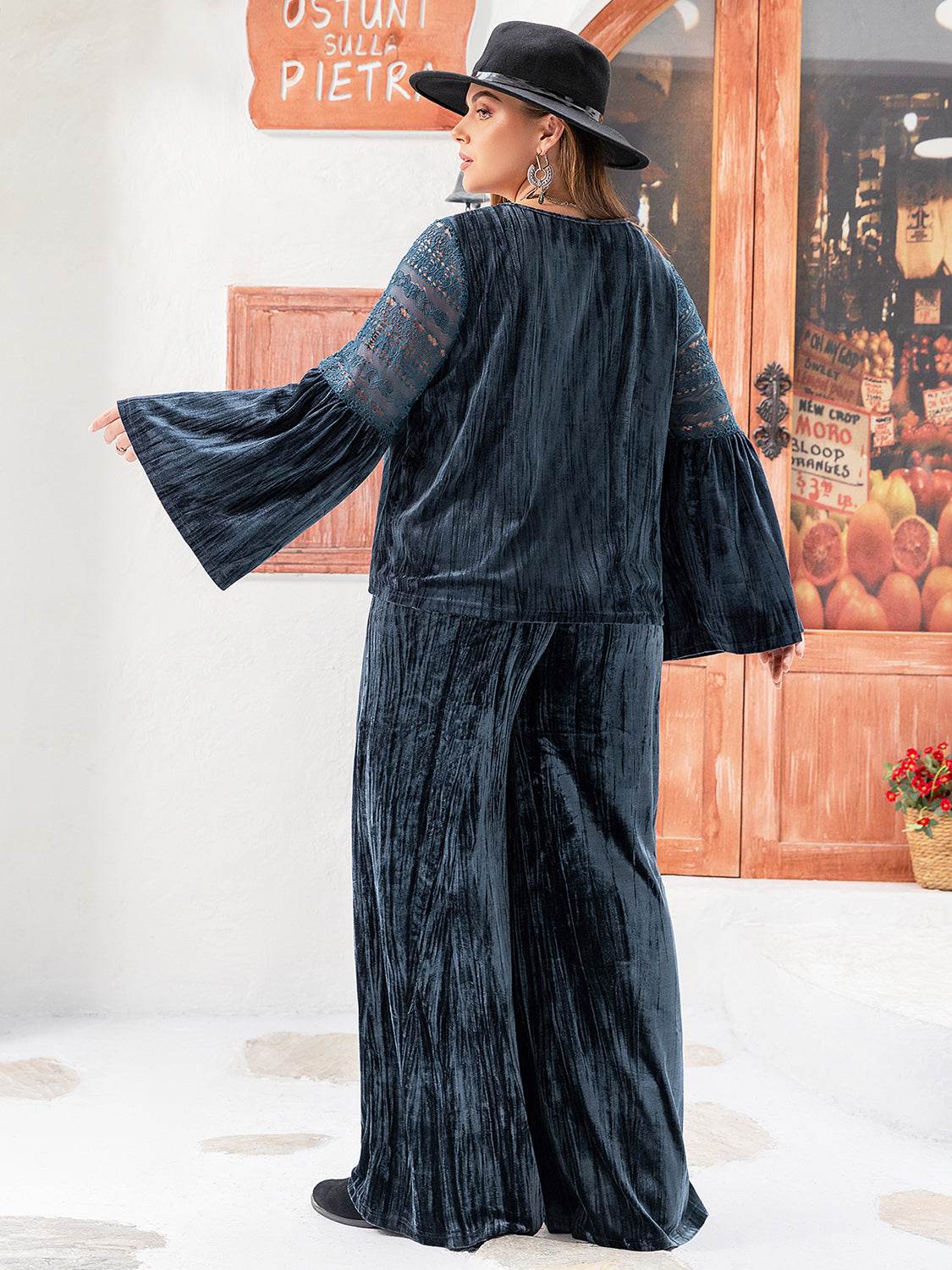 Plus Size Round Neck Flare Sleeve Top and Pants Set - DaTrendStore.Com