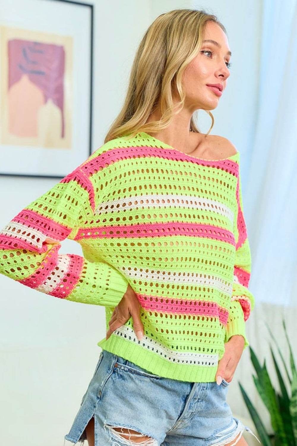 First Love Striped Long Sleeve Openwork Knit Top - DaTrendStore.Com