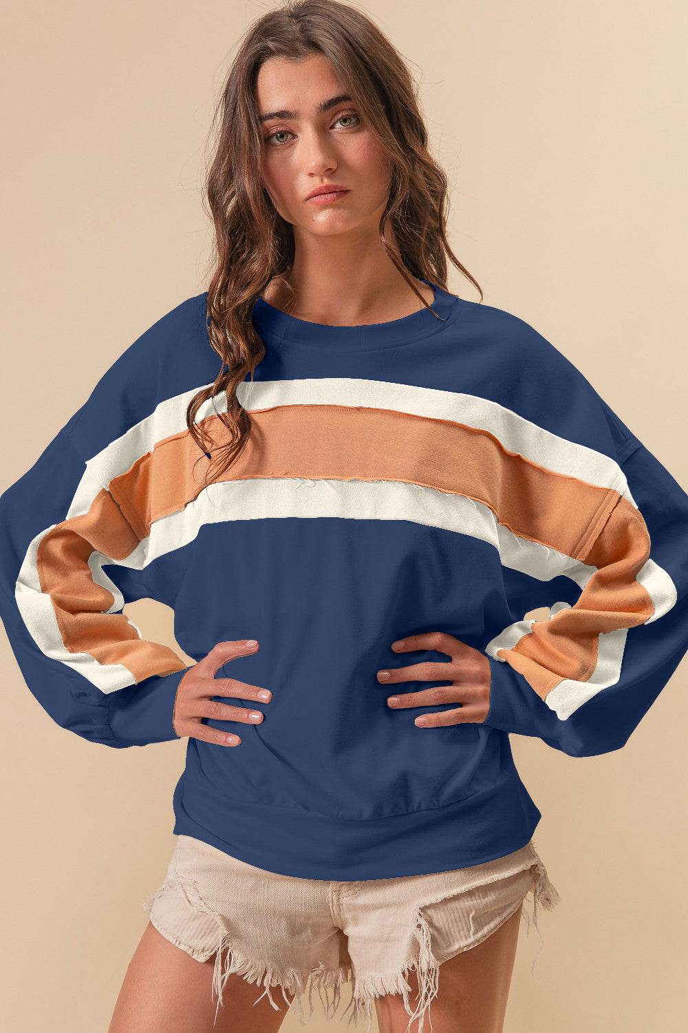 BiBi French Terry Color Block Cut Edge Detail Sweatshirt - DaTrendStore.Com