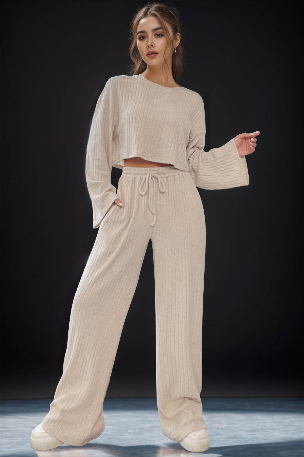 Round Neck Long Sleeve Top and Pants Set - DaTrendStore.Com