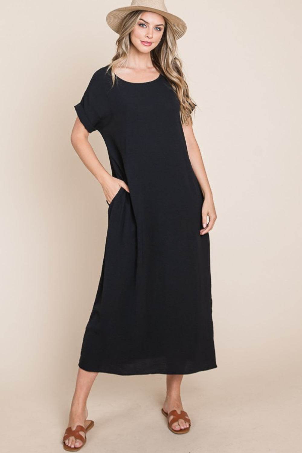 BOMBOM Round Neck Short Sleeve Midi Dress with Pockets - DaTrendStore.Com