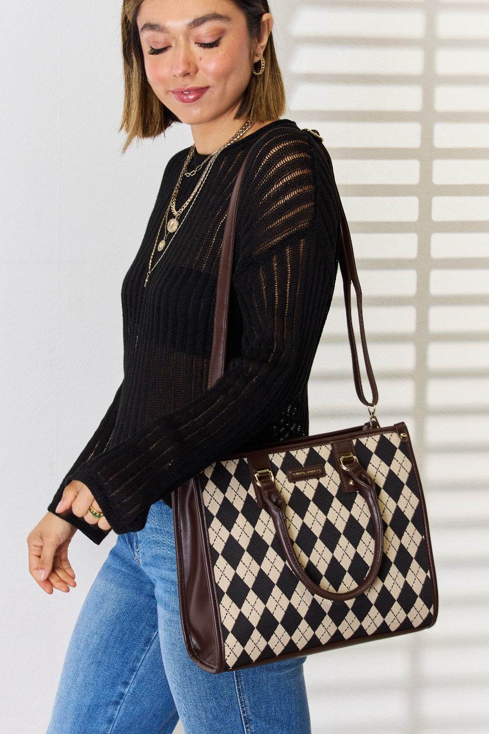 David Jones Argyle Pattern PU Leather Handbag - DaTrendStore.Com