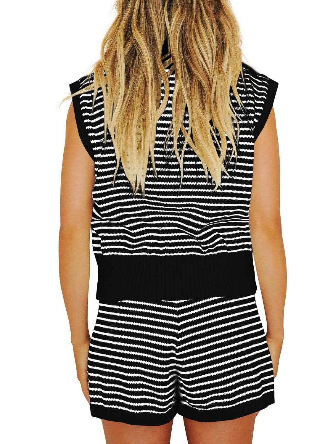 Striped Cap Sleeve Top and Shorts Sweater Set - DaTrendStore.Com