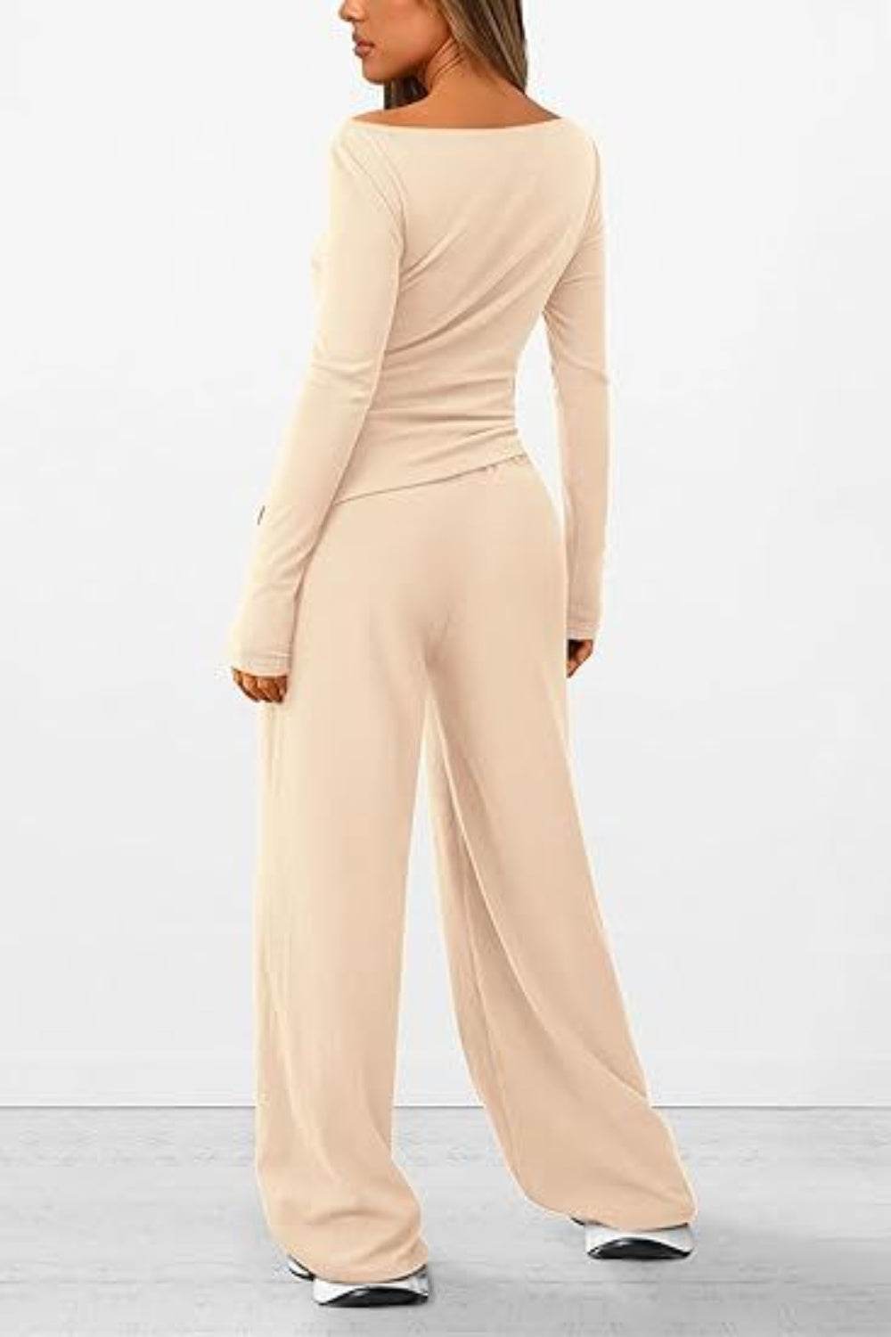Round Neck Long Sleeve Top and Pants Set - DaTrendStore.Com
