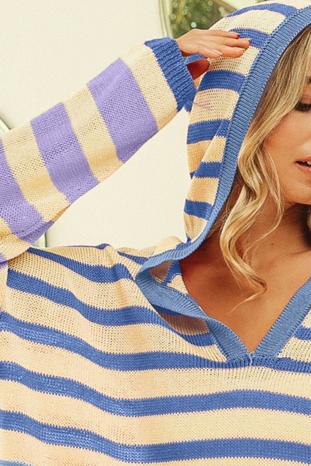 BiBi Striped Color Block Hooded Knit Top - DaTrendStore.Com