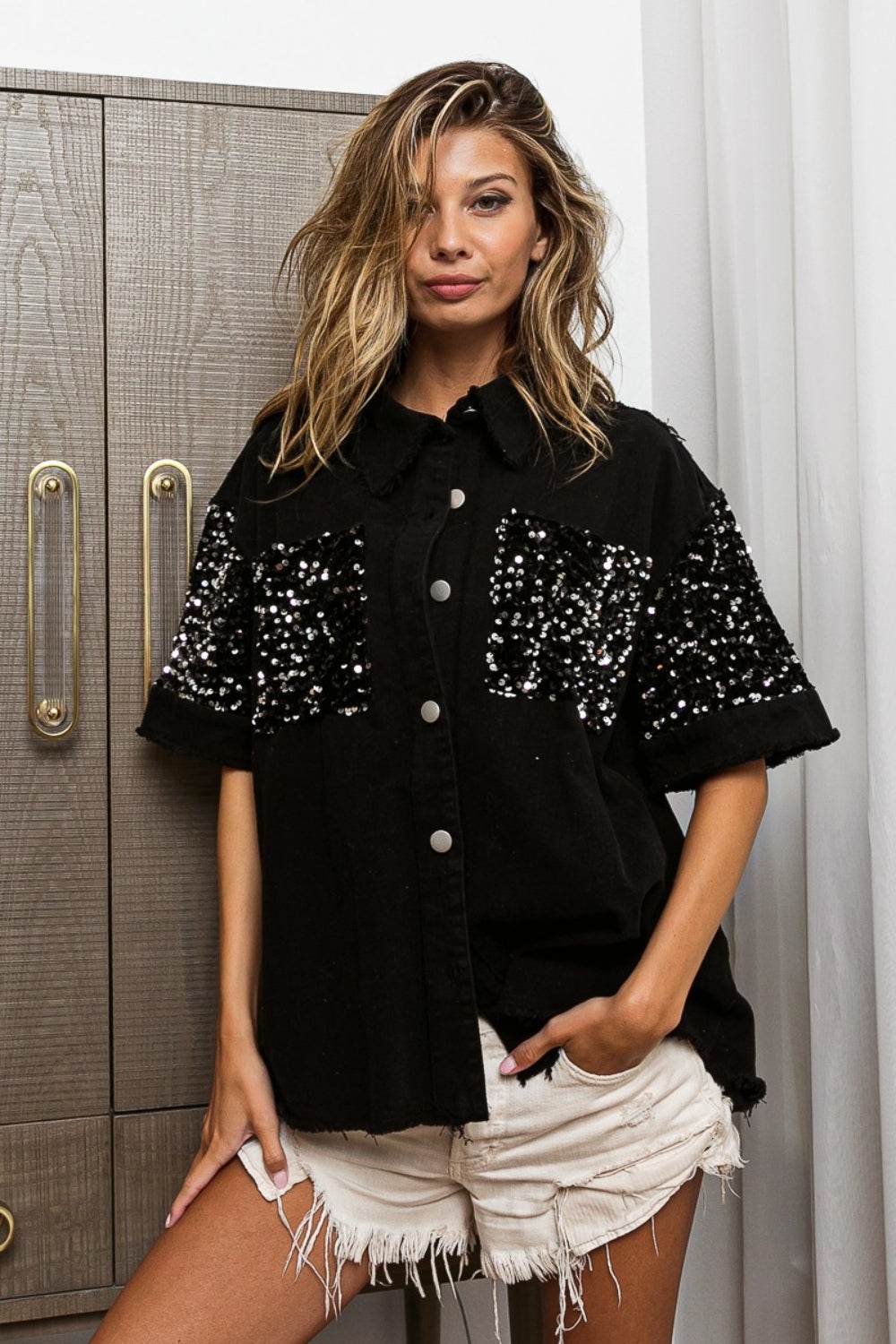 BiBi Sequin Detail Raw Hem Short Sleeve Shirt - DaTrendStore.Com