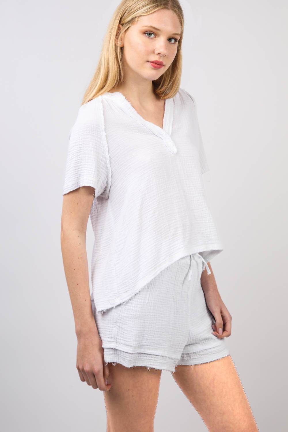 VERY J Washed Cotton Crinkle Gauze Top and Shorts Set - DaTrendStore.Com