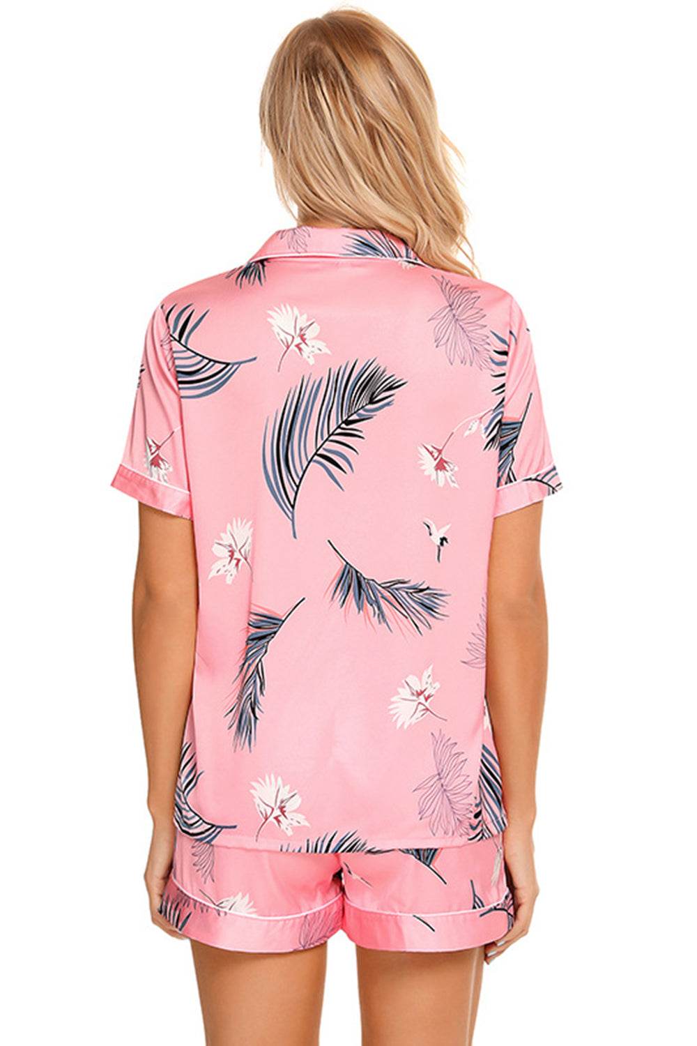 Printed Button Up Short Sleeve Top and Shorts Lounge Set - DaTrendStore.Com