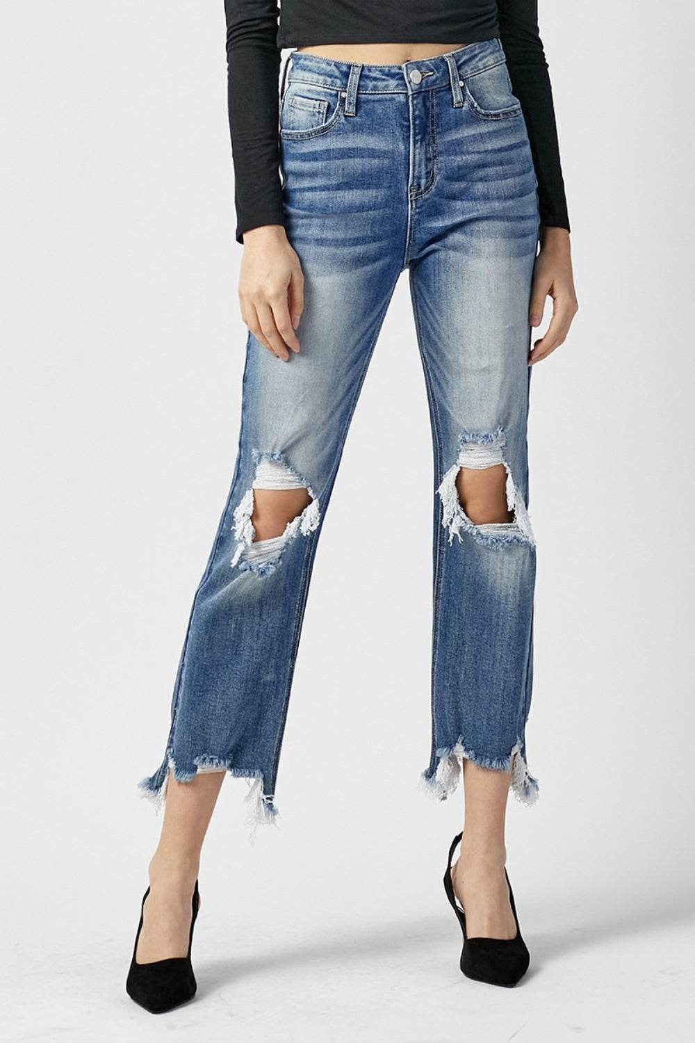 RISEN High Waist Distressed Frayed Hem Cropped Straight Jeans - DaTrendStore.Com