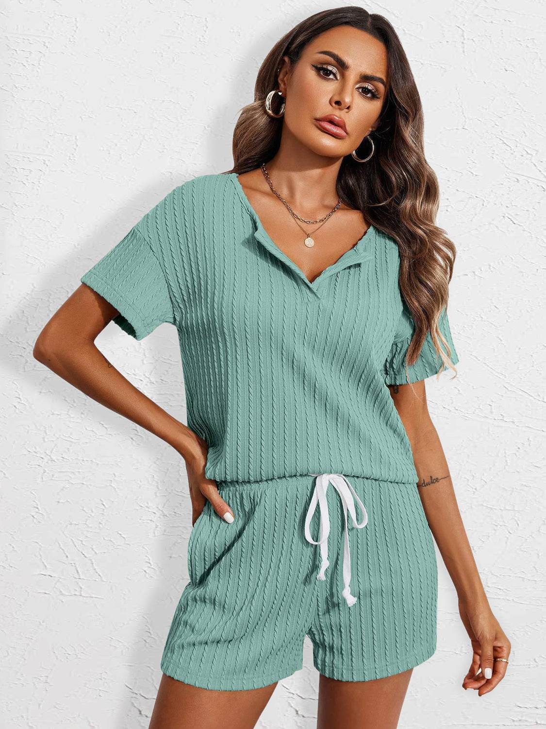 Notched Short Sleeve Top and Shorts Set - DaTrendStore.Com