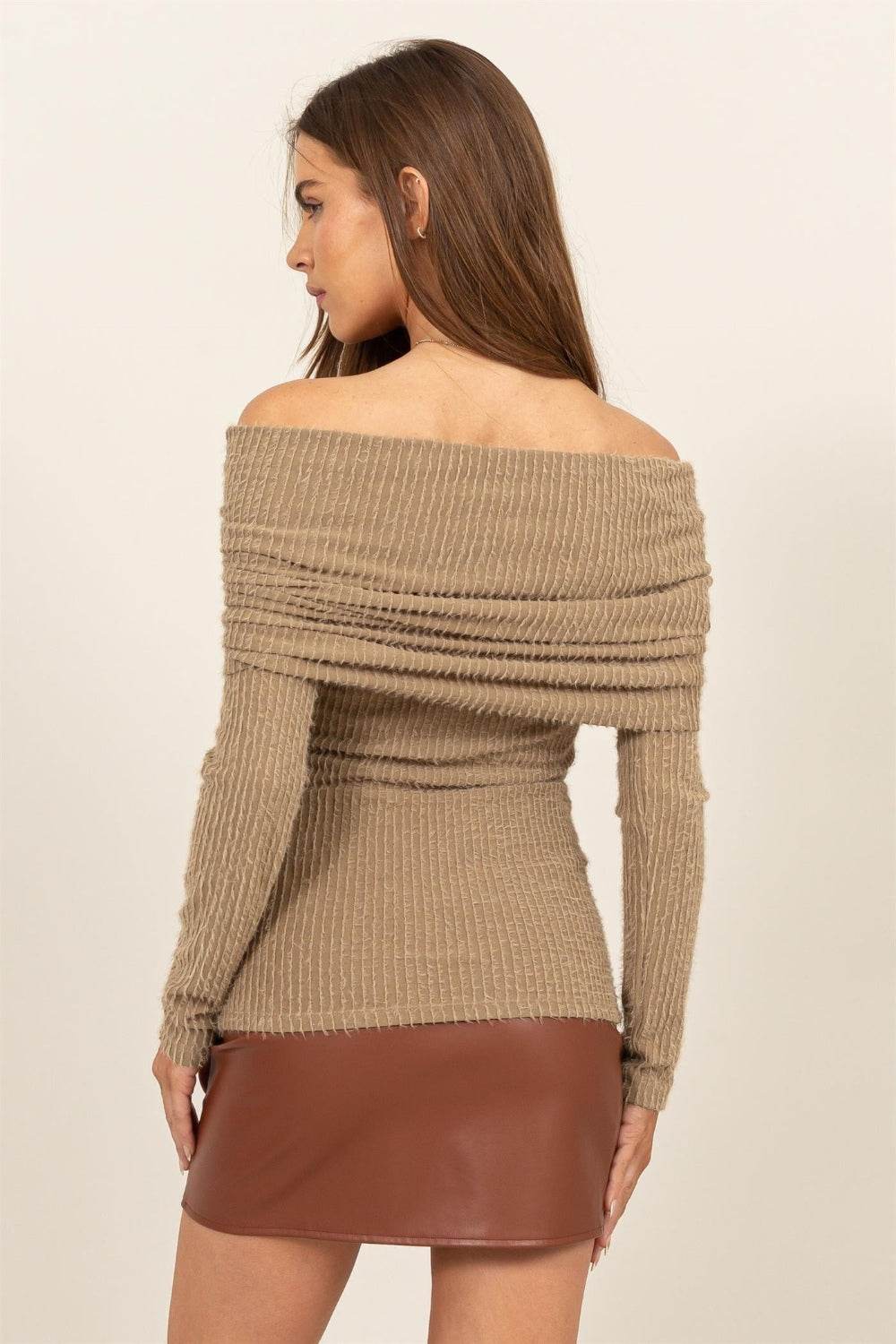 HYFVE Fuzzy Off Shoulder Textured Knit Top - DaTrendStore.Com