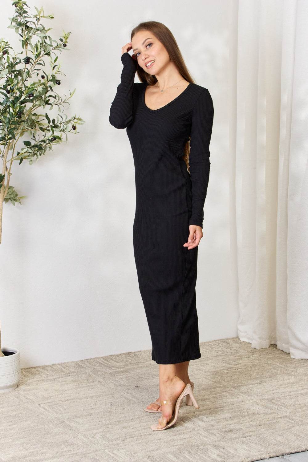 Culture Code Full Size Ribbed Long Sleeve Midi Slit Dress - DaTrendStore.Com