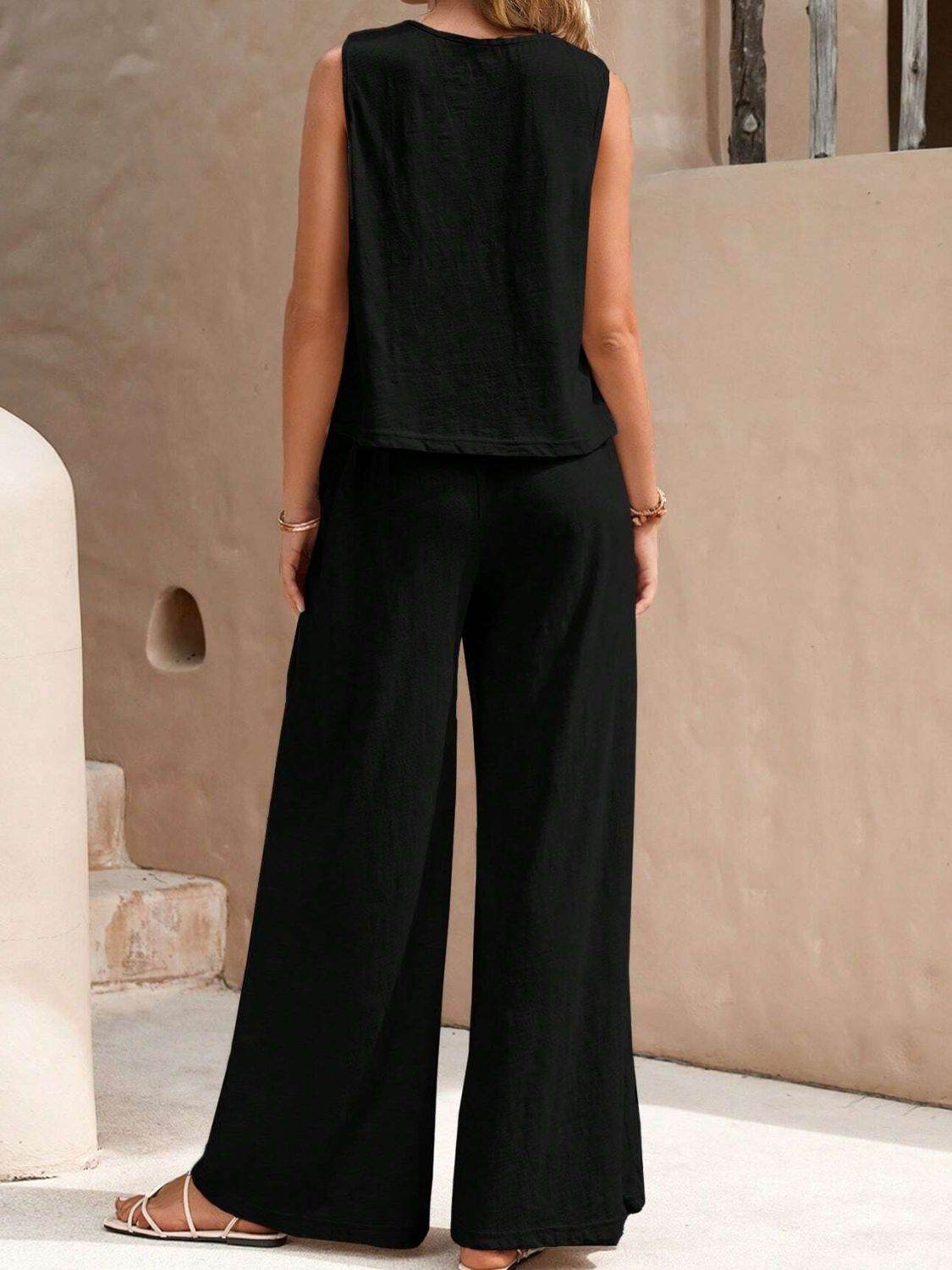 Round Neck Sleeveless Top and Wide Leg Pants Set - DaTrendStore.Com