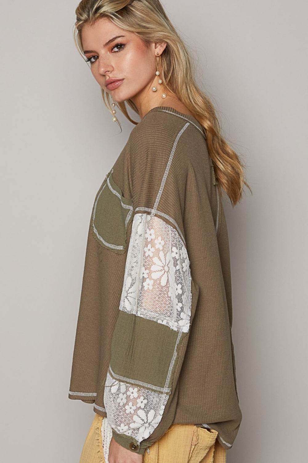 POL V-Neck Lace Balloon Sleeve Exposed Seam Top - DaTrendStore.Com
