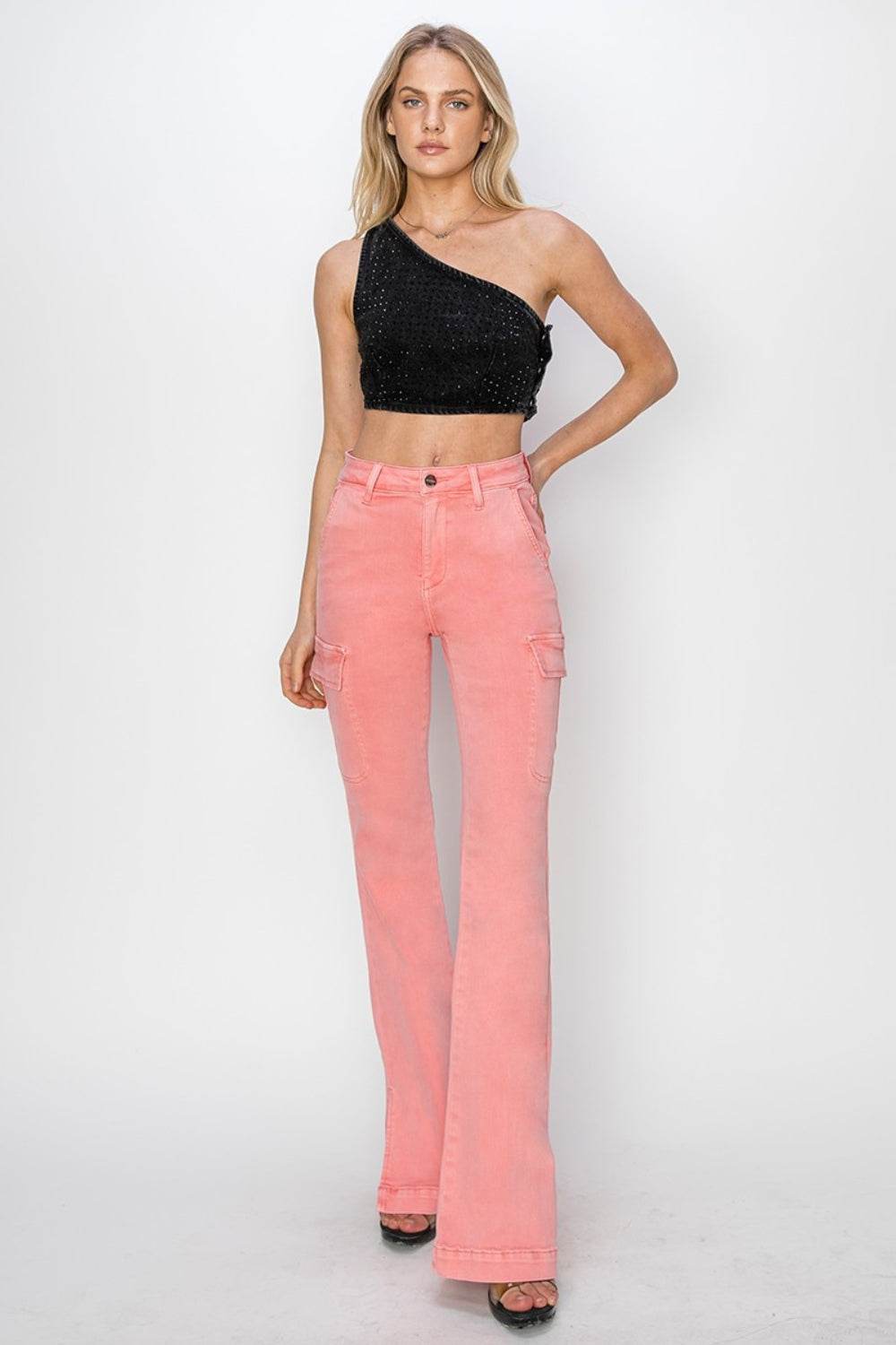 RISEN Full Size High Rise Side Slit Cargo Bootcut Jeans - DaTrendStore.Com