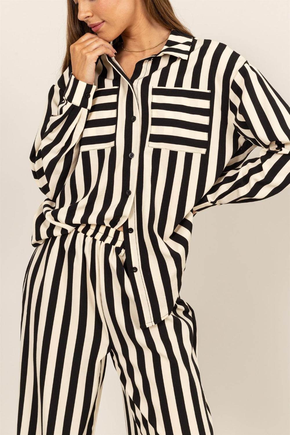HYFVE Striped Button Up Shirt and Pants Set - DaTrendStore.Com
