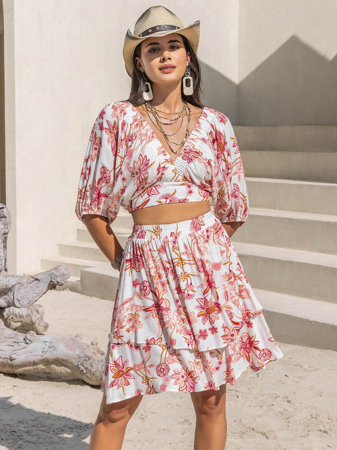 Printed Half Sleeve Top and Layered Skirt Set - DaTrendStore.Com