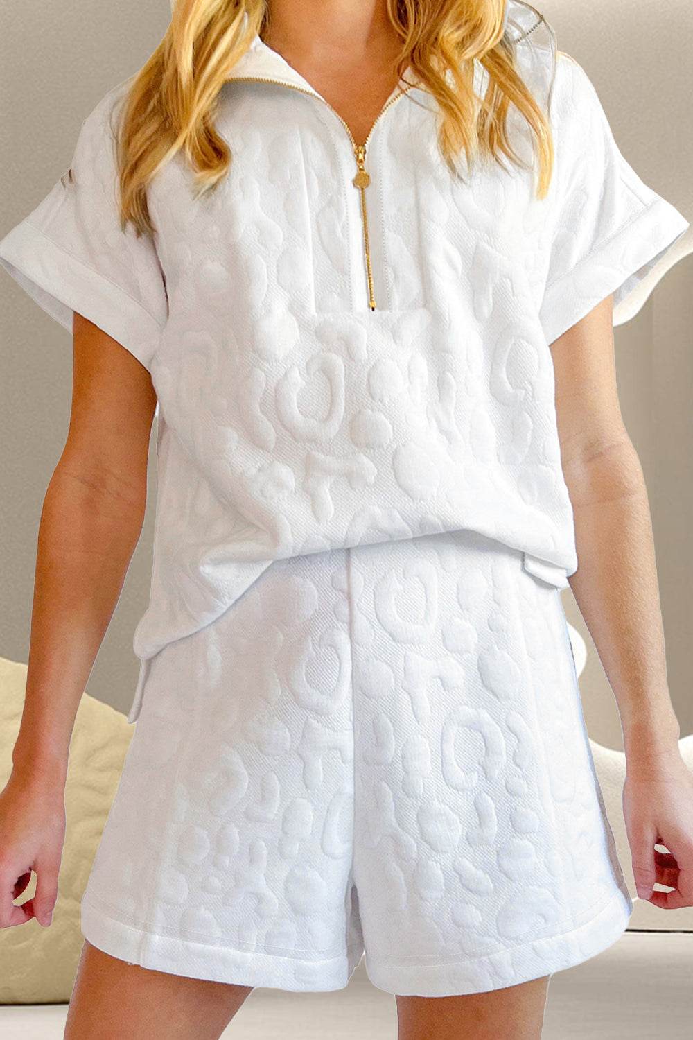 Half Zip Short Sleeve Top and Shorts Set - DaTrendStore.Com