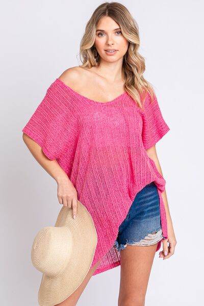 GeeGee Short Sleeve Side Slit Knit Cover Up Dress - DaTrendStore.Com