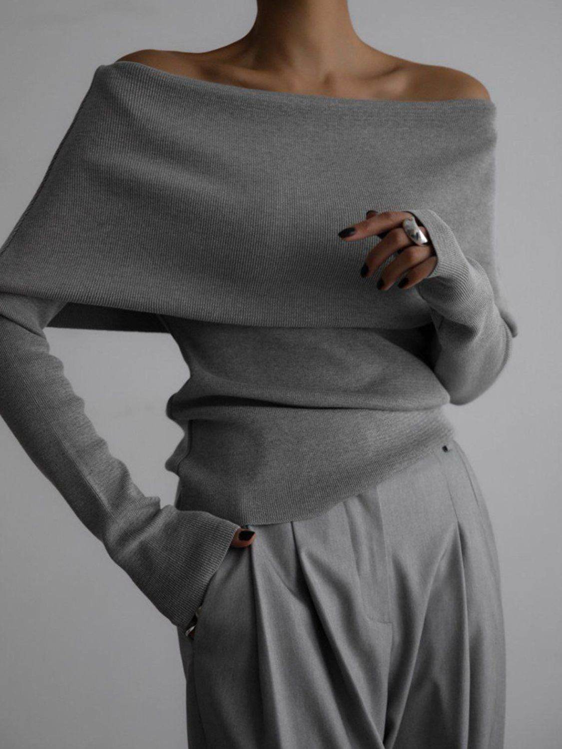 Off-Shoulder Long Sleeve Knit Top - DaTrendStore.Com
