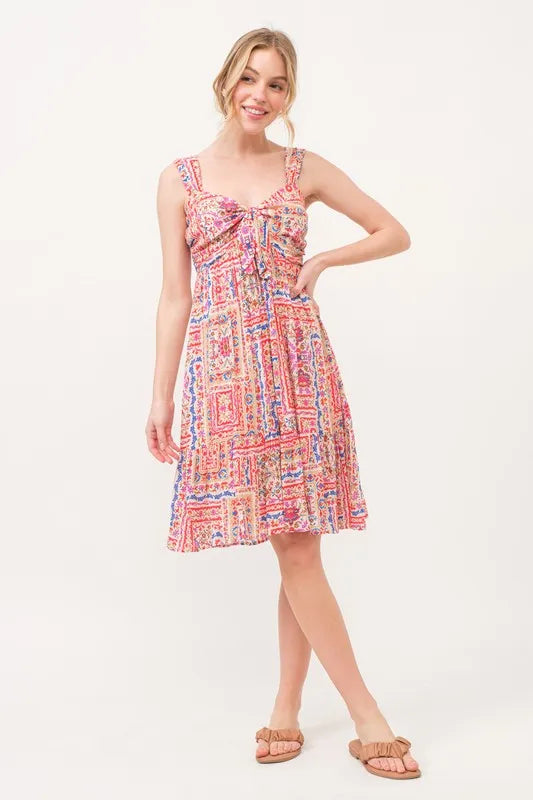 And The Why Red Boho Tiered Tie-Front Dress