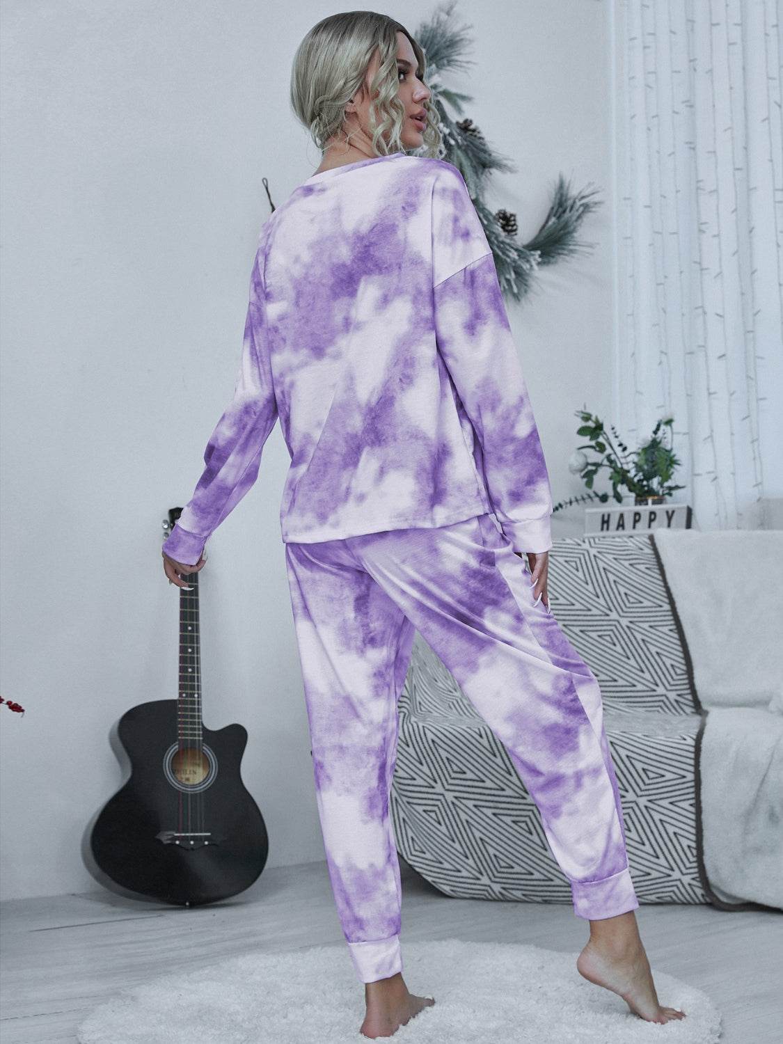 Shiny Tie-dye Round Neck Top and Drawstring Pants Lounge Set - DaTrendStore.Com