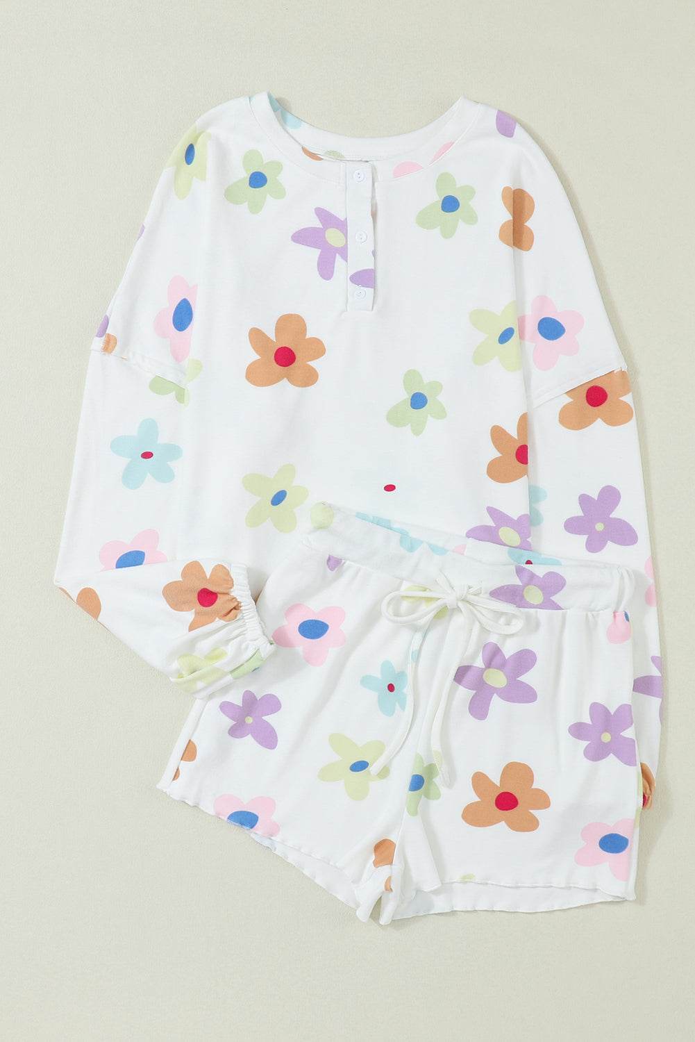 Printed Quarter Button Top and Drawstring Shorts Lounge Set - DaTrendStore.Com