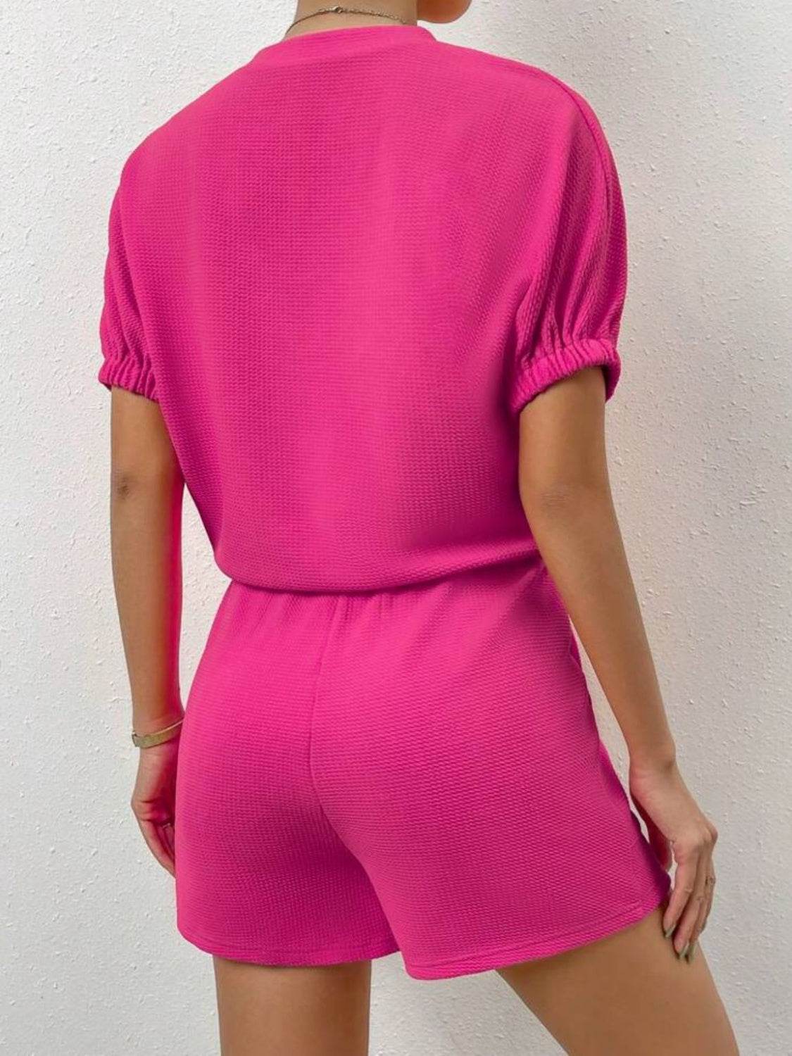 Waffle-Knit Round Neck T-Shirt and Pocketed Shorts Lounge Set - DaTrendStore.Com