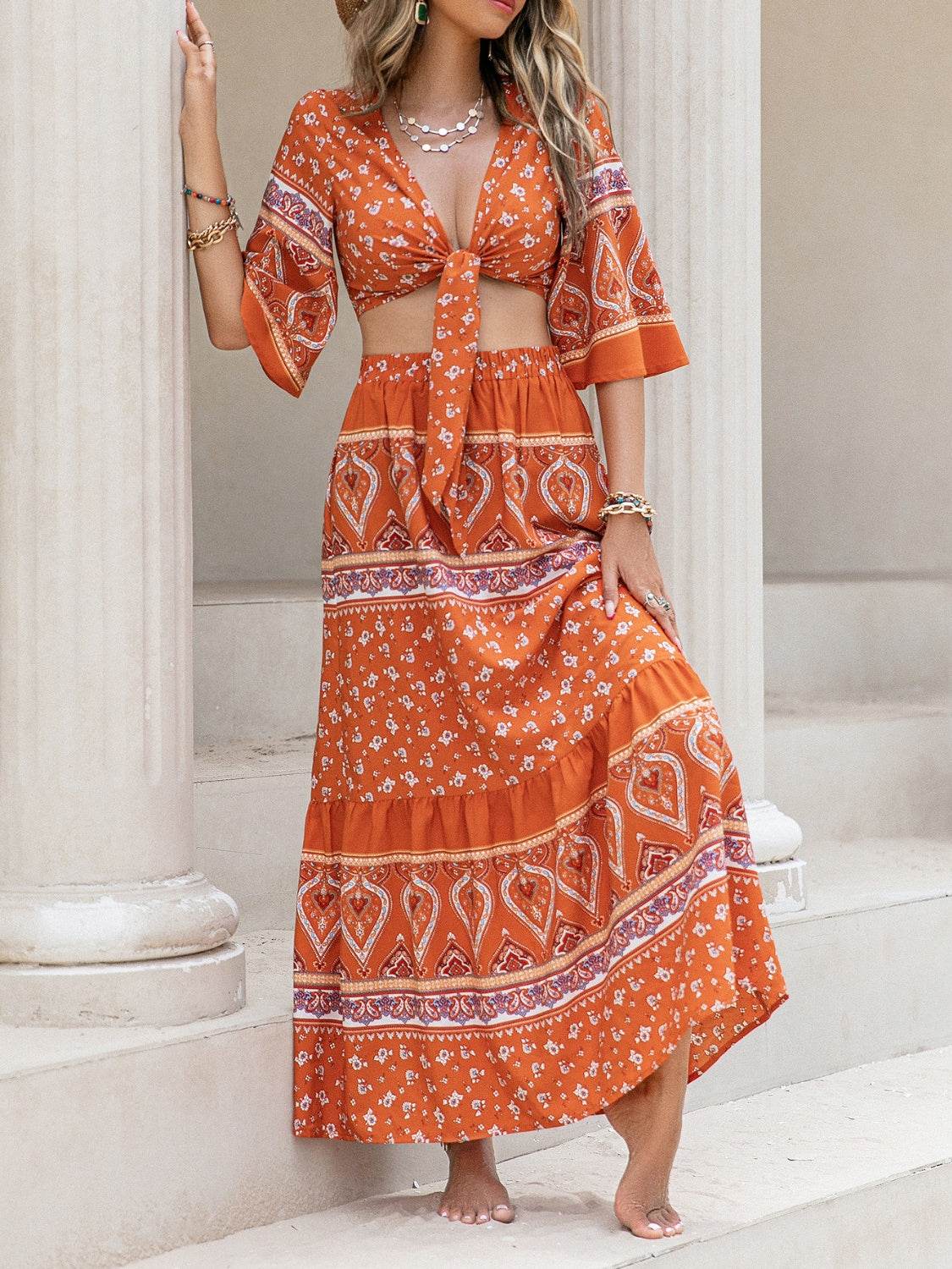 Printed Plunge Half Sleeve Top and Skirt Set - DaTrendStore.Com