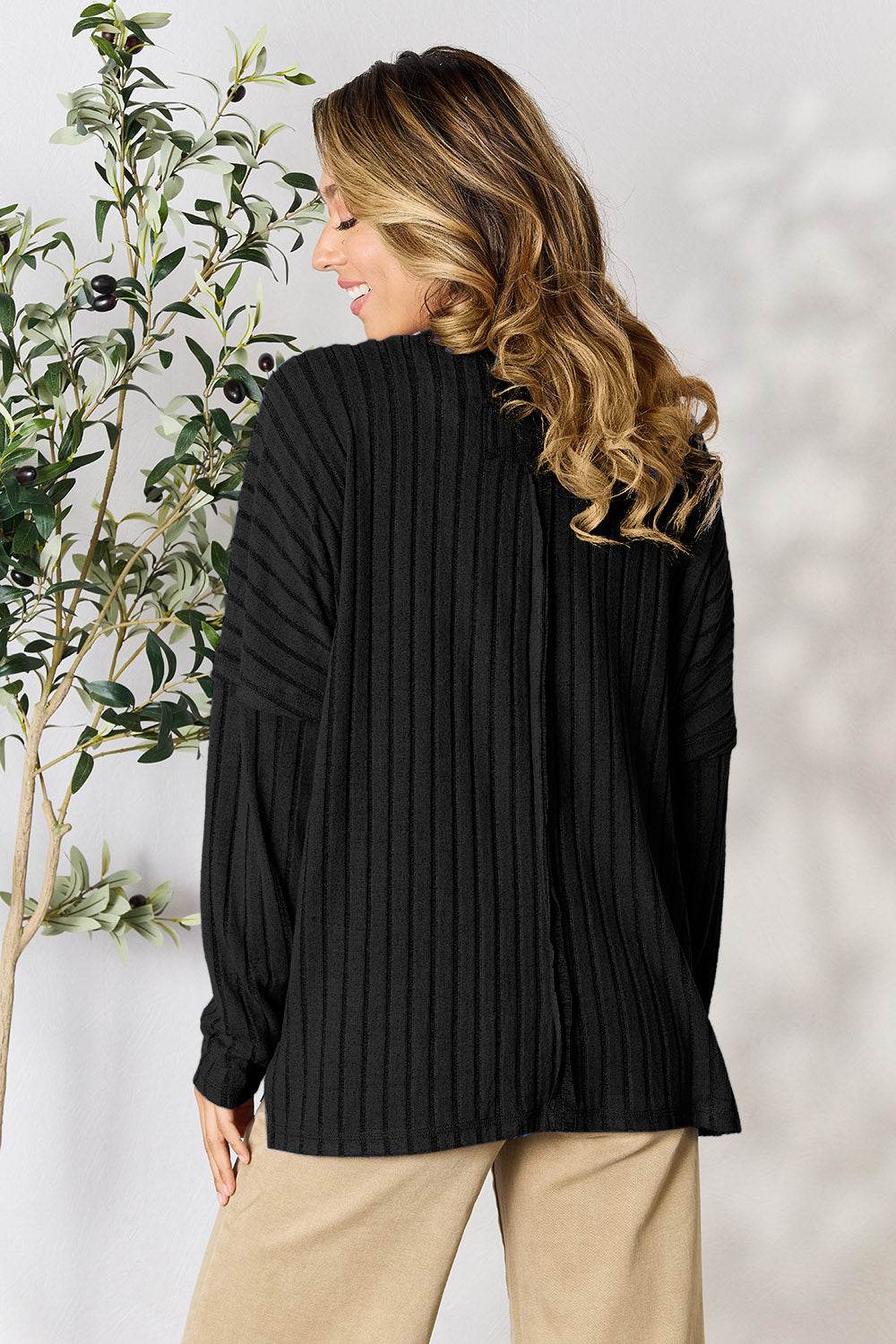 Basic Bae Full Size Ribbed Round Neck Slit Knit Top - DaTrendStore.Com