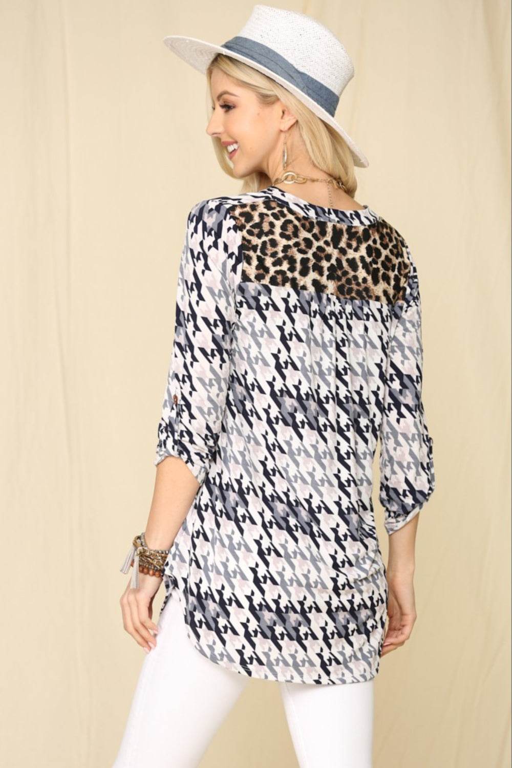 Celeste Full Size Houndstooth & Leopard Roll-Tab Sleeve Top - DaTrendStore.Com