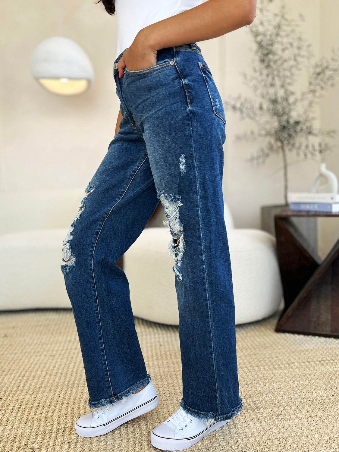 Judy Blue Full Size Mid Rise Distressed Raw Hem Jeans - DaTrendStore.Com