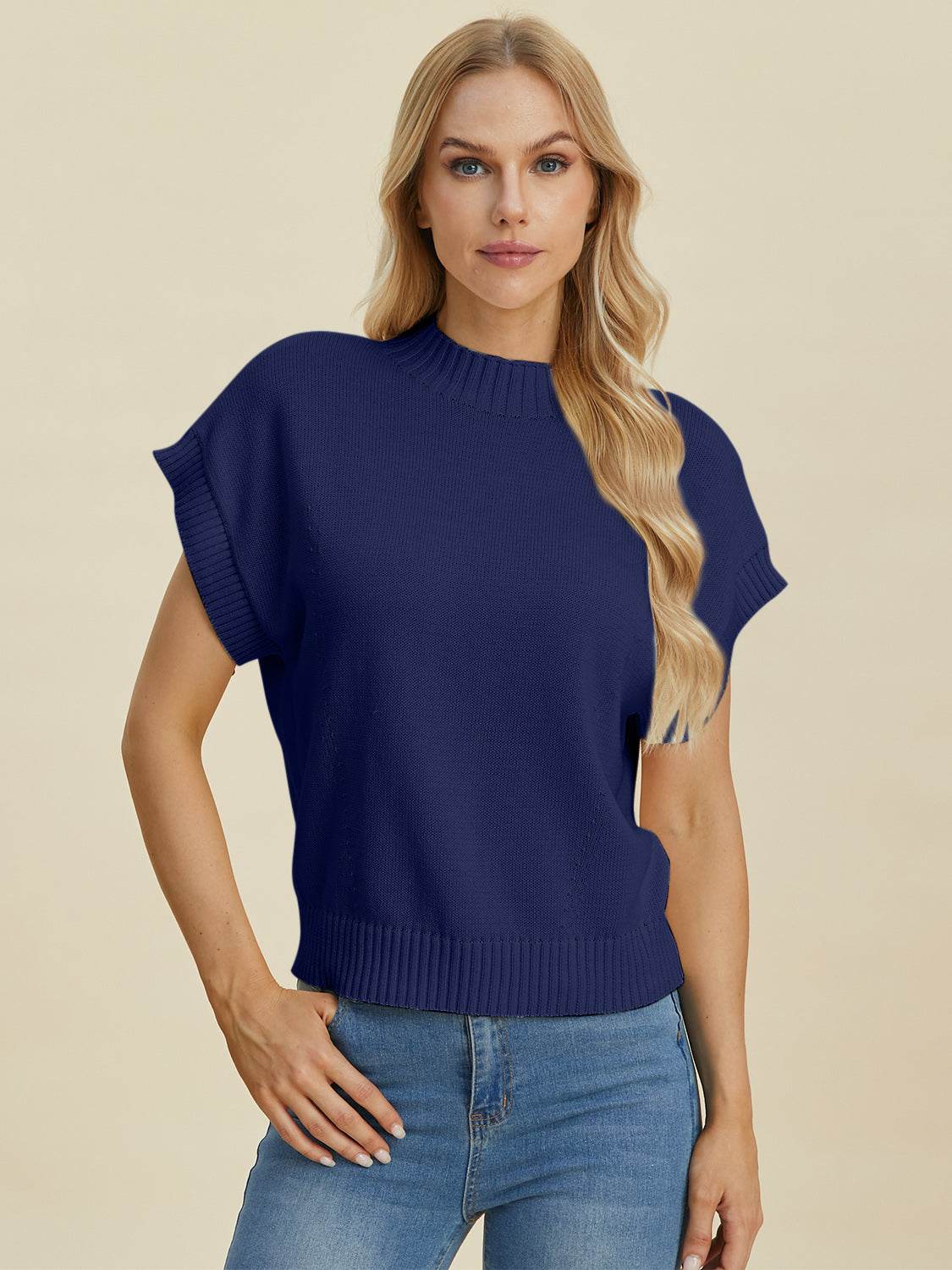 Double Take Full Size Mock Neck Short Sleeve Sweater - DaTrendStore.Com