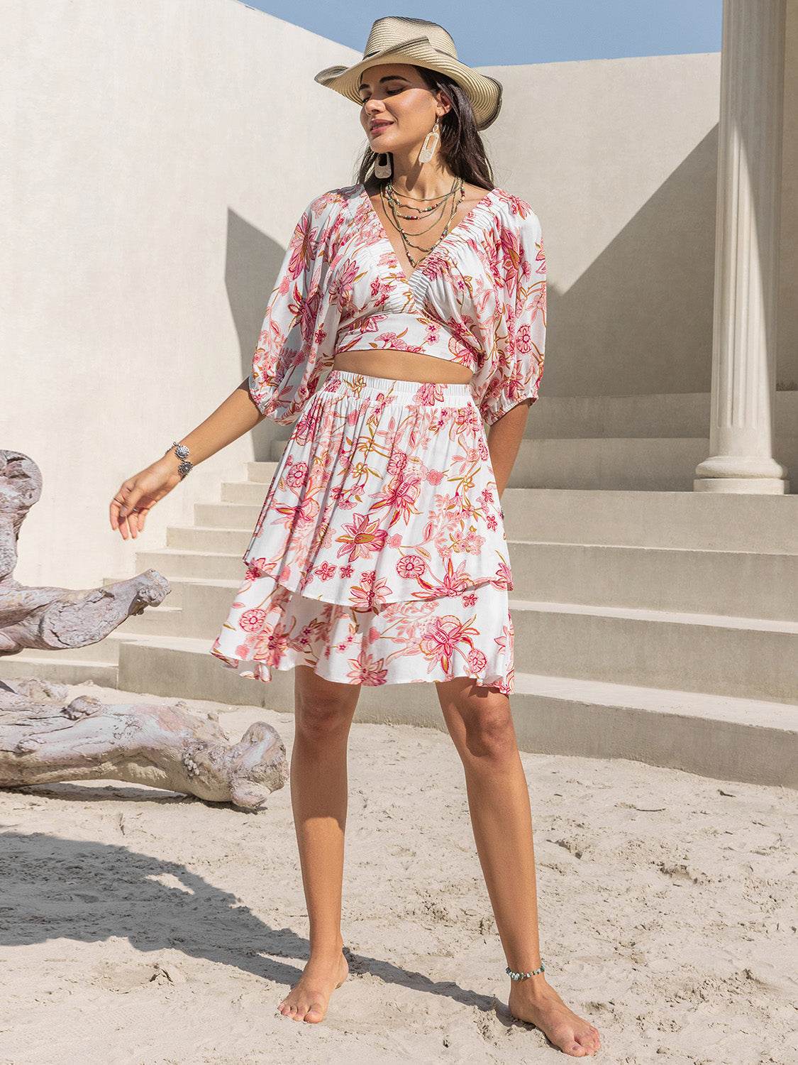 Printed Half Sleeve Top and Layered Skirt Set - DaTrendStore.Com