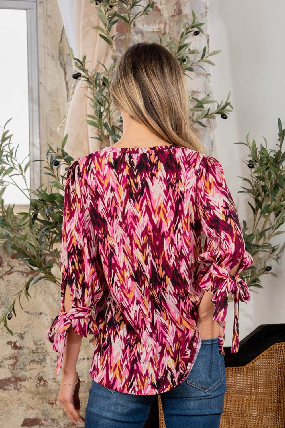 Sew In Love Full Size Printed V-Neck Blouse with Sleeve Knot - DaTrendStore.Com