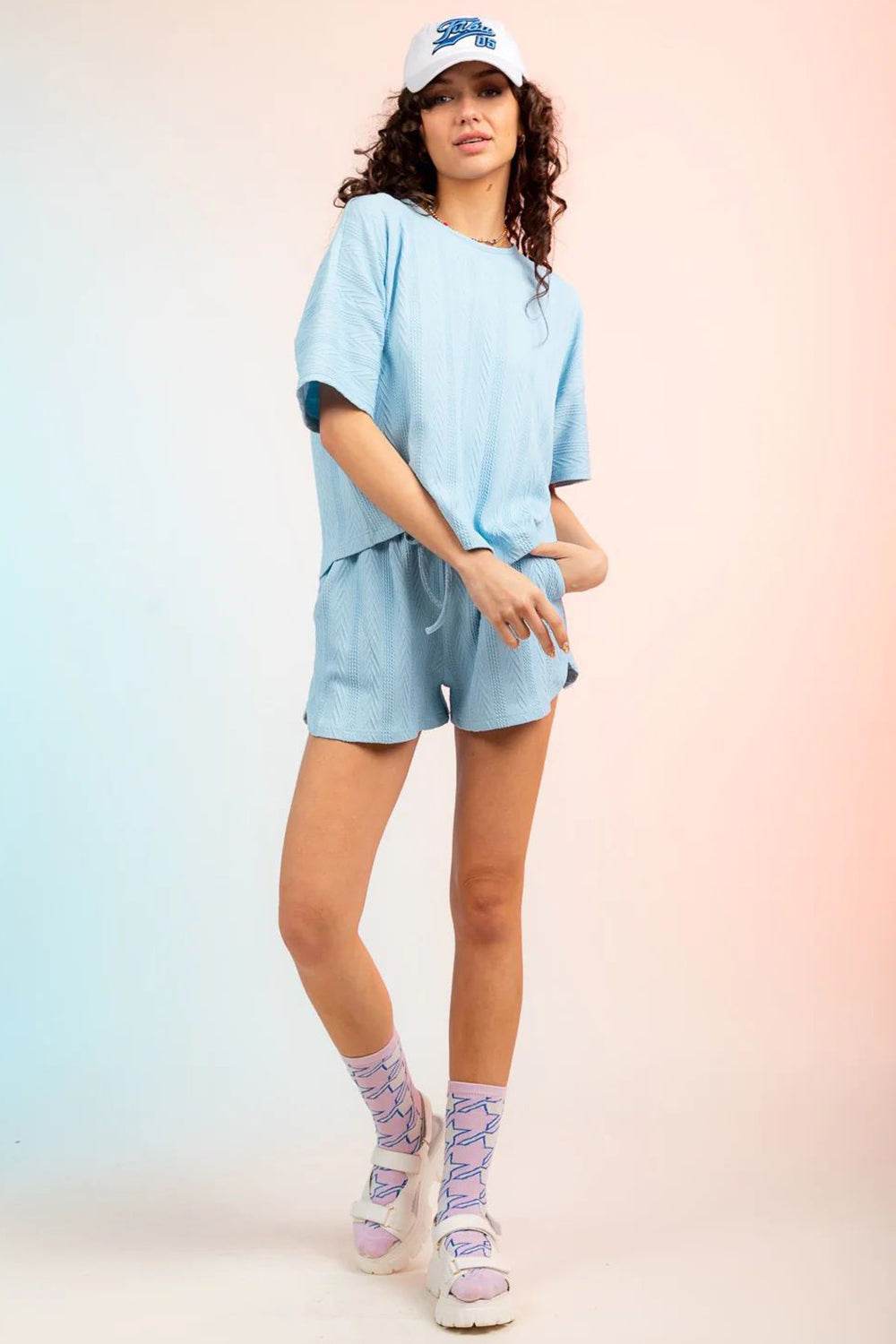 Textured Round Neck Top and Shorts Set - DaTrendStore.Com