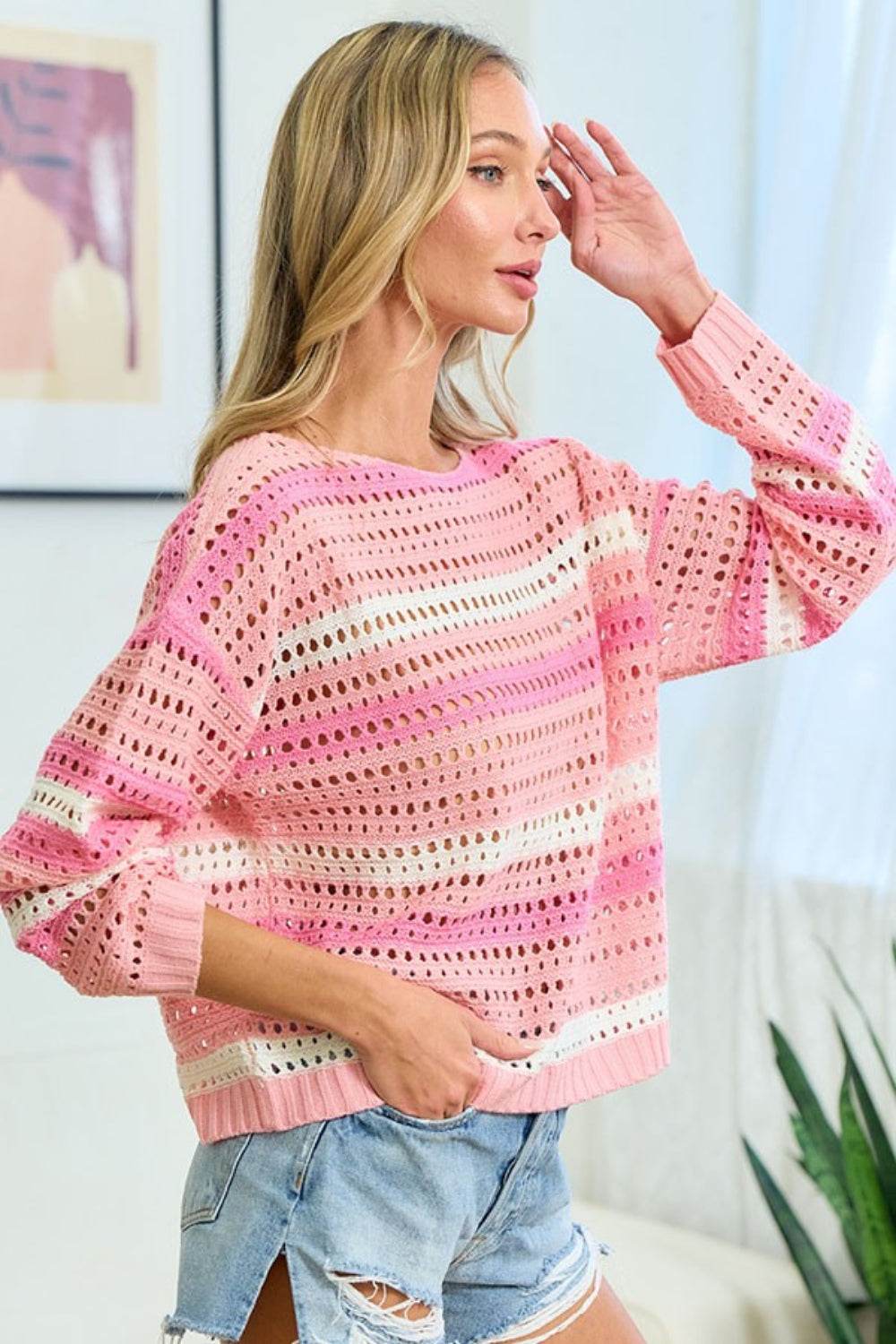 First Love Striped Long Sleeve Openwork Knit Top - DaTrendStore.Com