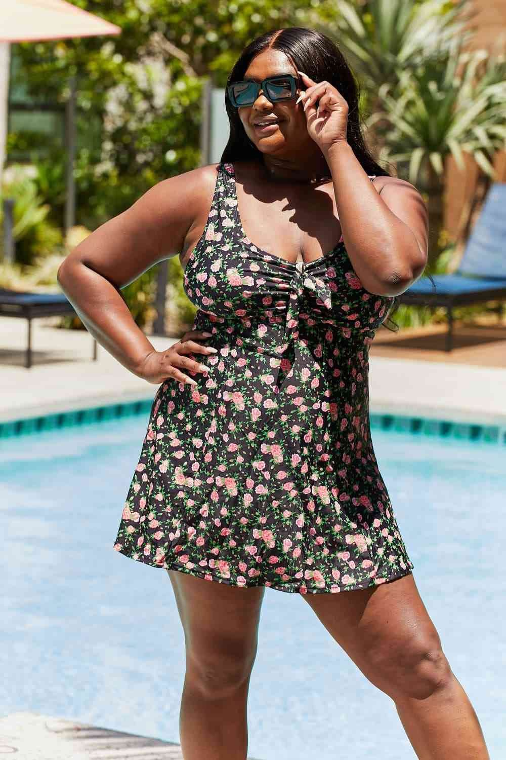 Marina West Swim Full Size Clear Waters Swim Dress in Black Roses - DaTrendStore.Com