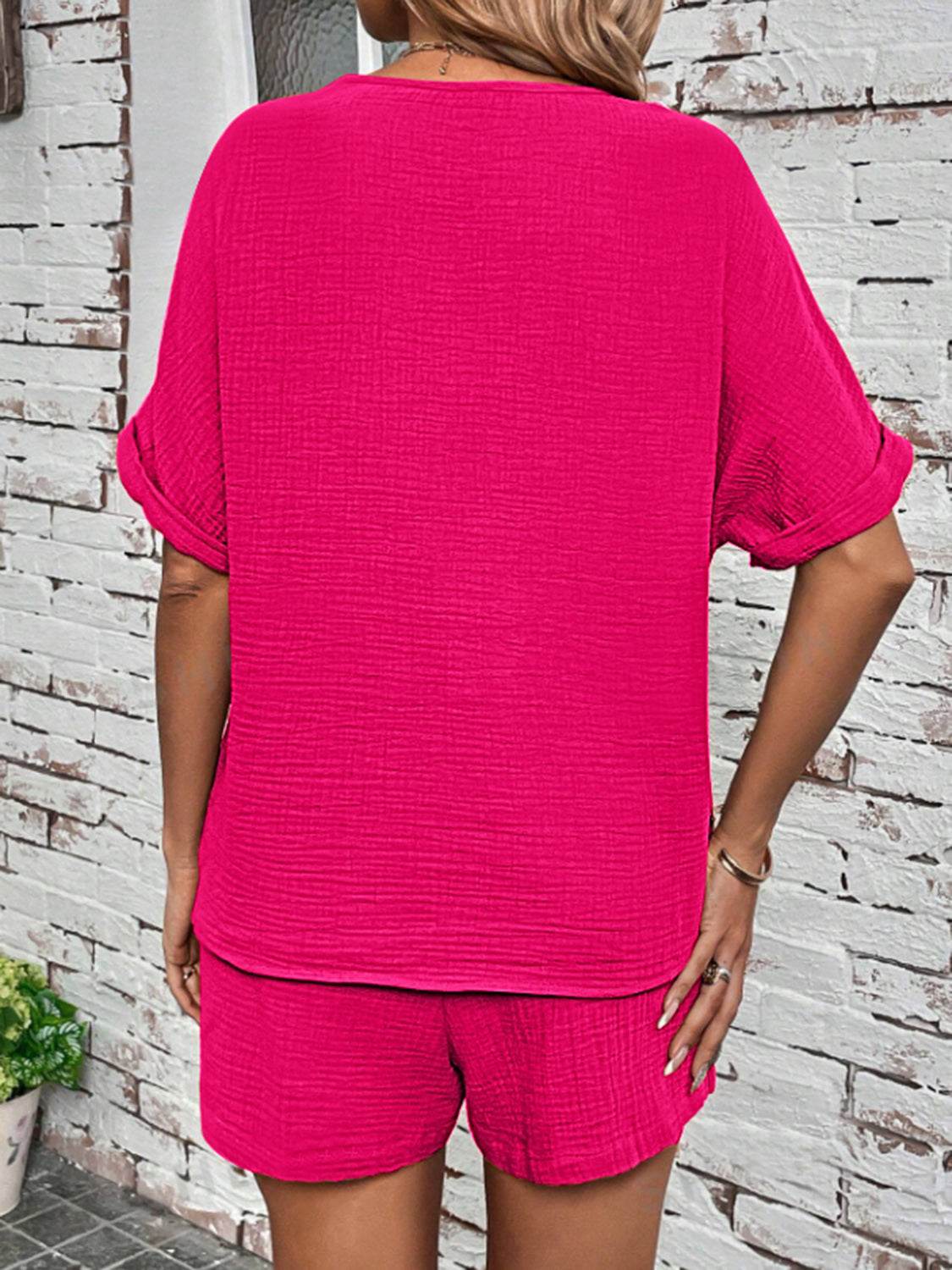 Notched Half Sleeve Top and Shorts Set - DaTrendStore.Com