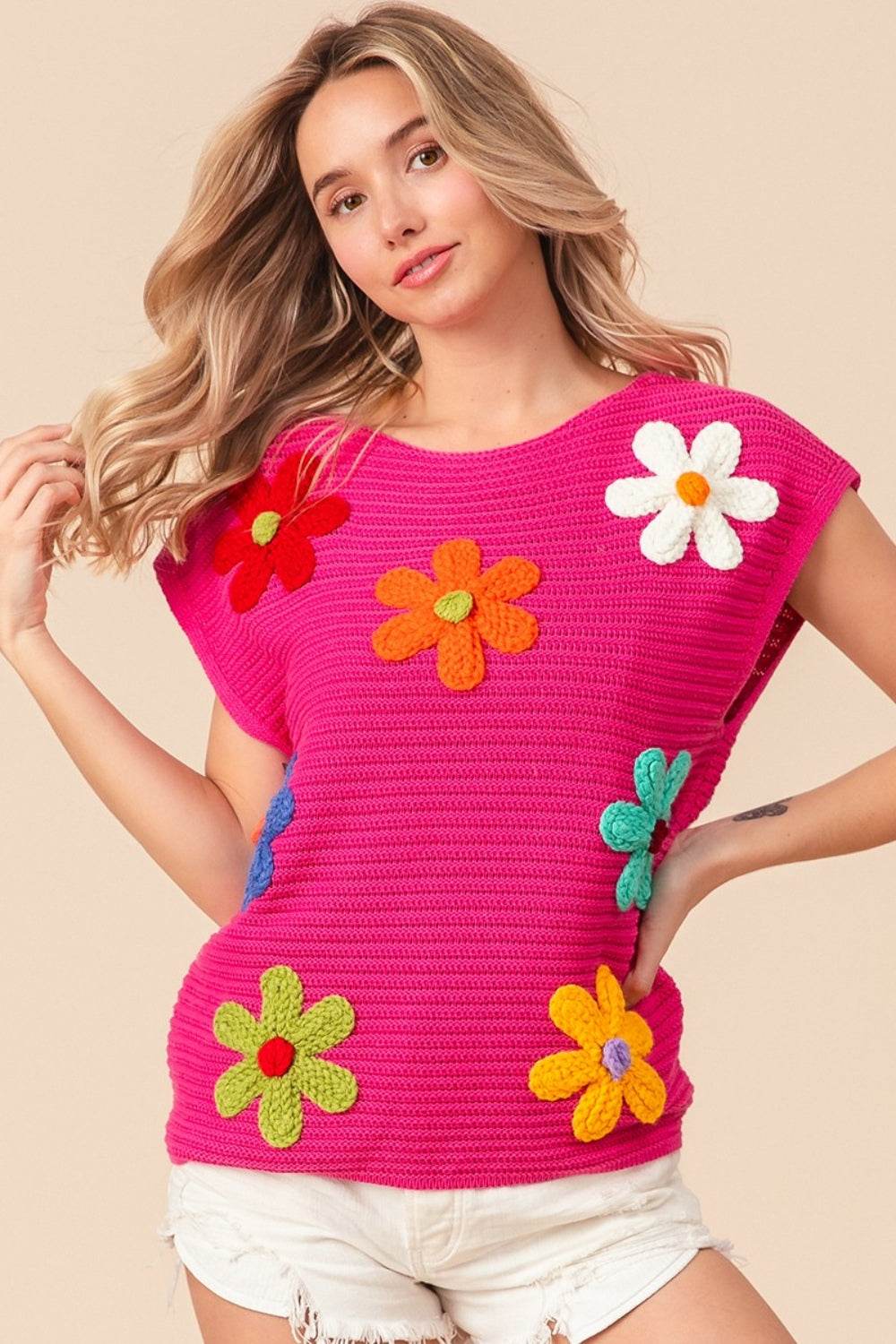 BiBi Flower Round Neck Cap Sleeve Knit Top - DaTrendStore.Com