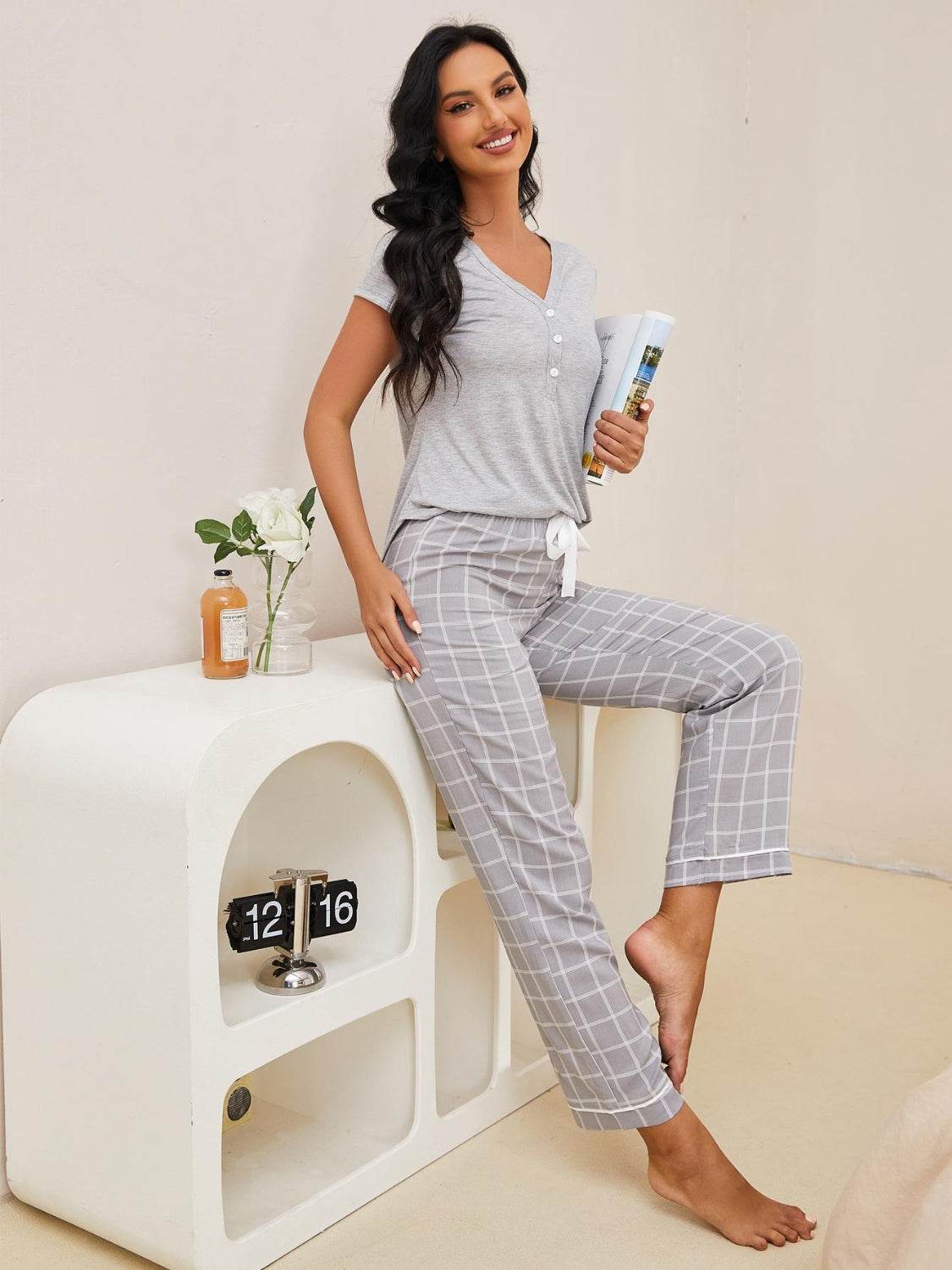 V-Neck Short Sleeve Top and Pants Lounge Set - DaTrendStore.Com